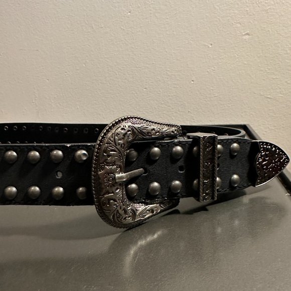 Double Buckle Waist Belt, Black with Pewter Buckles and Studded Rivets - Picture 3 of 6